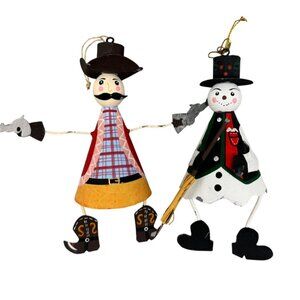 Cowboy & Snowman Metal Christmas Ornaments Hand-Painted Rustic Holiday Set Of 2